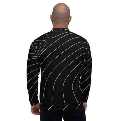 Good Wishes 365 unisex bomber jacket in black with a white modern wave line print, viewed from the back.