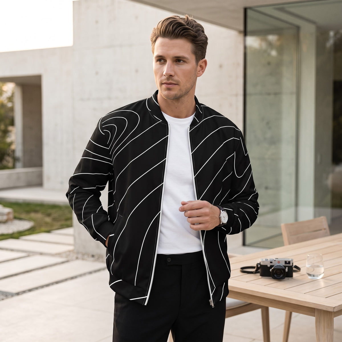 Good Wishes 365 black and white wave line print bomber jacket worn by a man in a modern outdoor setting.