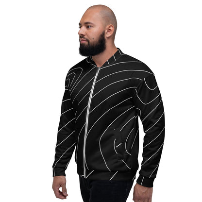 Good Wishes 365 unisex bomber jacket in black with a white modern wave line print, worn by a man in profile view.