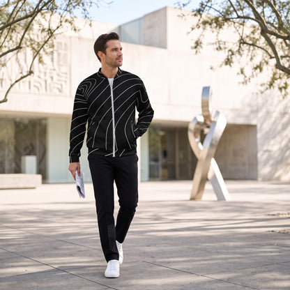 Good Wishes 365 black and white wave print bomber jacket worn by a man in a modern outdoor setting.