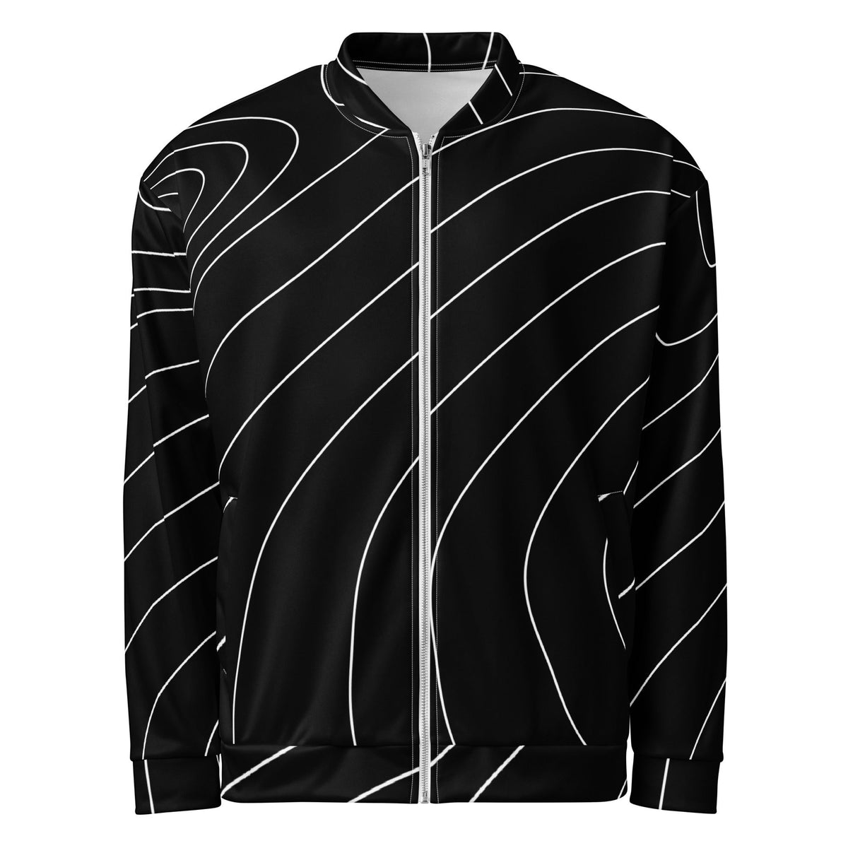 Good Wishes 365 unisex bomber jacket in black with a white modern wave line print and a front zipper closure.
