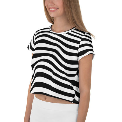 Good Wishes 365 crop tee featuring a black and white wavy line all-over print on stretchy polyester jersey fabric.