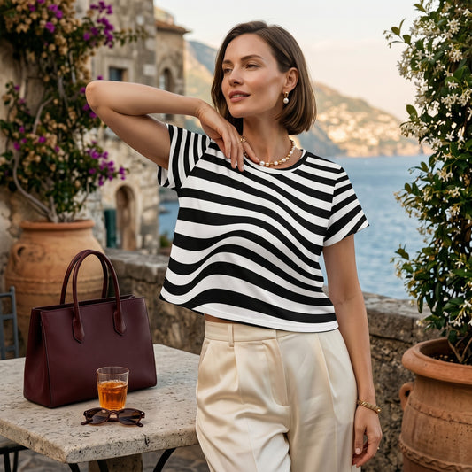 Good Wishes 365 crop tee with black and white wavy lines, worn by a woman on a Mediterranean terrace.