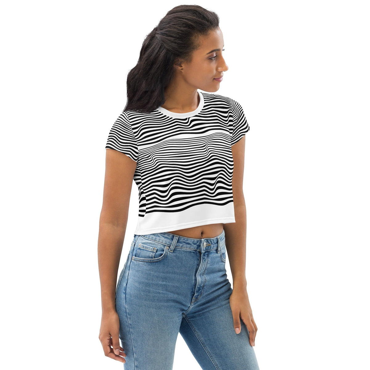 Good Wishes 365 crop tee with black and white wavy line print worn by a woman with blue jeans