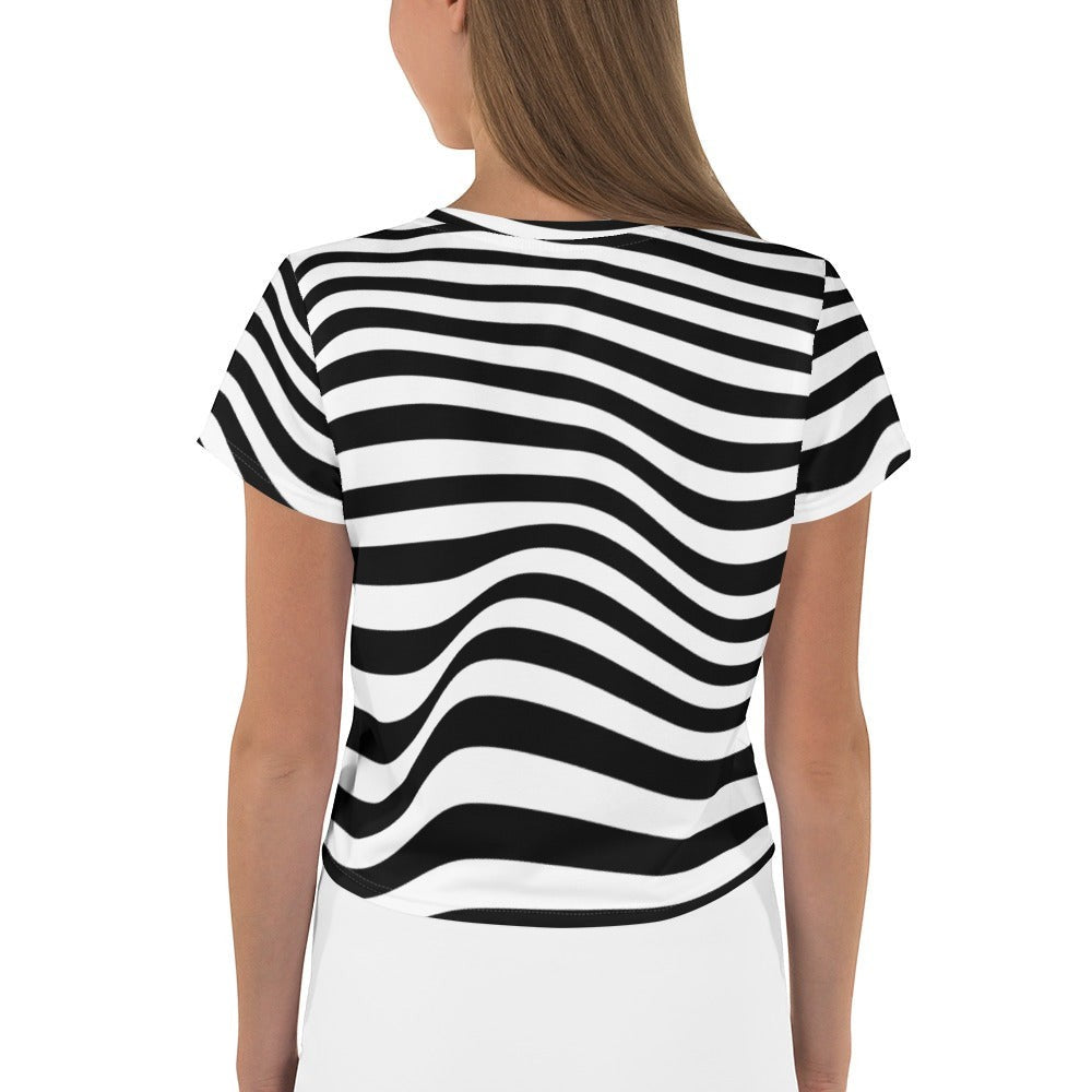 Good Wishes 365 crop tee with a black and white wavy line pattern, viewed from the back on a model.