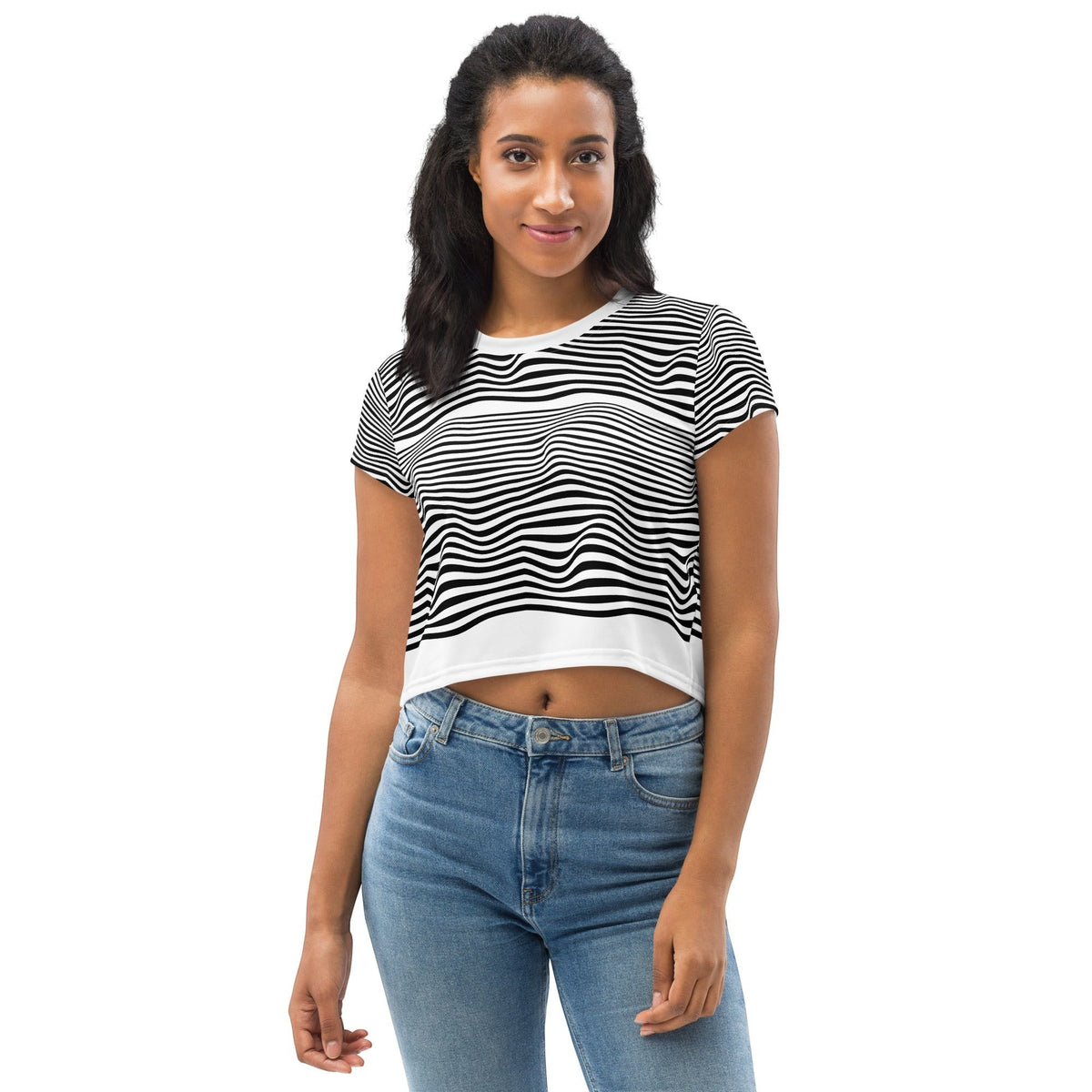 Model wearing a Good Wishes 365 crop tee with a black and white wavy line print and a crew neckline.