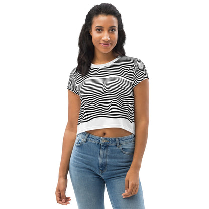 Model wearing a Good Wishes 365 crop tee with a black and white wavy line print and a crew neckline.
