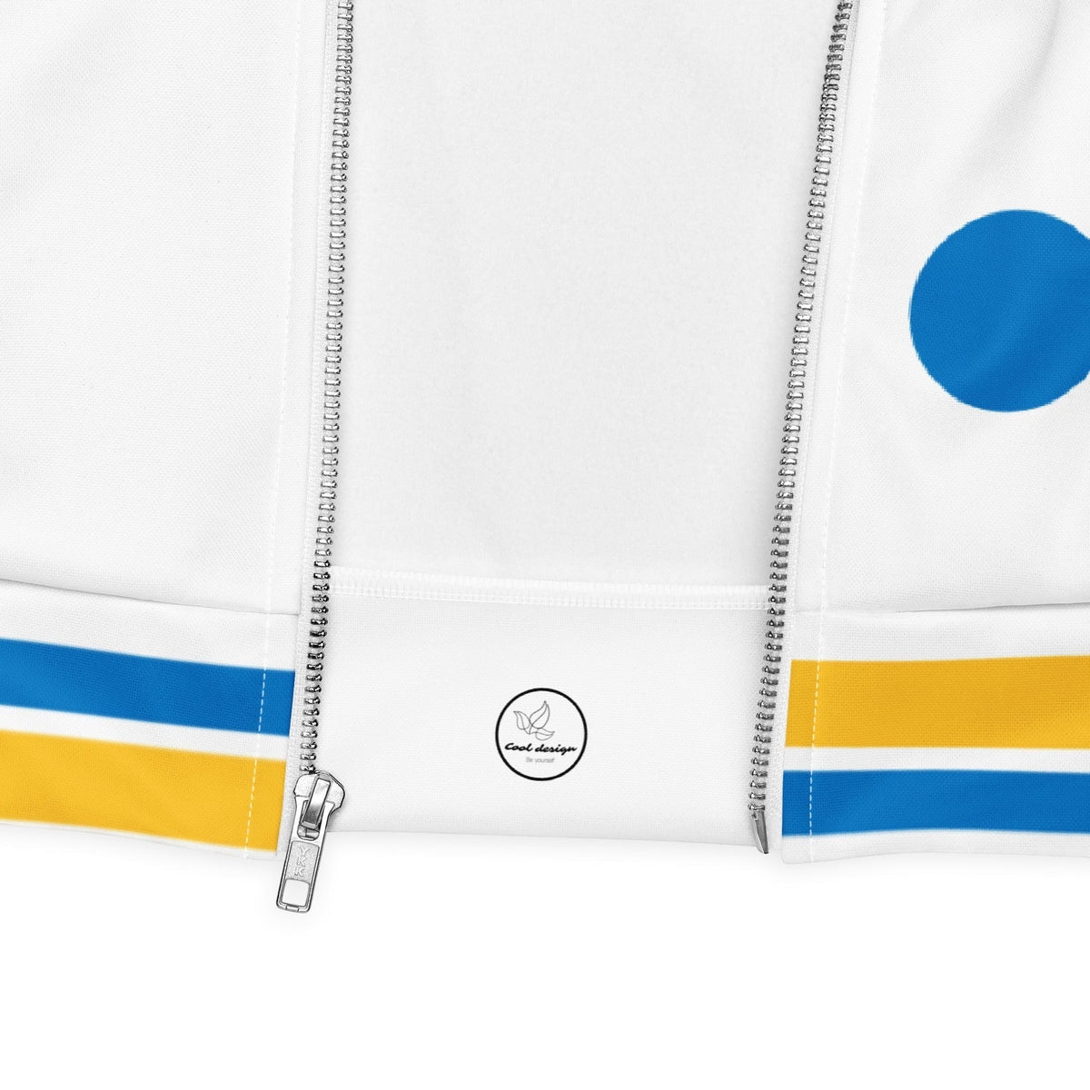 Good Wishes 365 white bomber jacket with blue and yellow striped hem, silver zipper, and blue polka dot detail