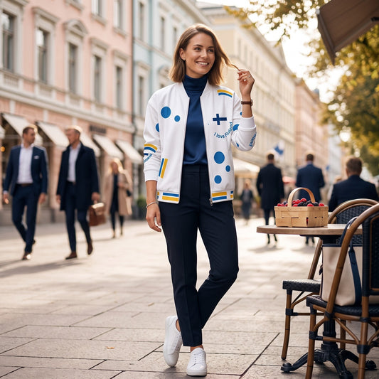 Good Wishes 365 white bomber jacket with blue and yellow Finnish-themed graphics worn by a woman on a city street.