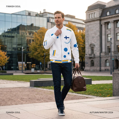 Good Wishes 365 white unisex bomber jacket with Finnish flag and blue-yellow graphic print, worn by a man outdoors.