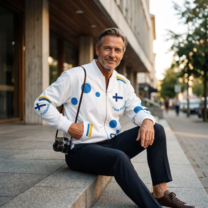 Good Wishes 365 white bomber jacket with blue Finland-themed print, worn by a man sitting on a city sidewalk.