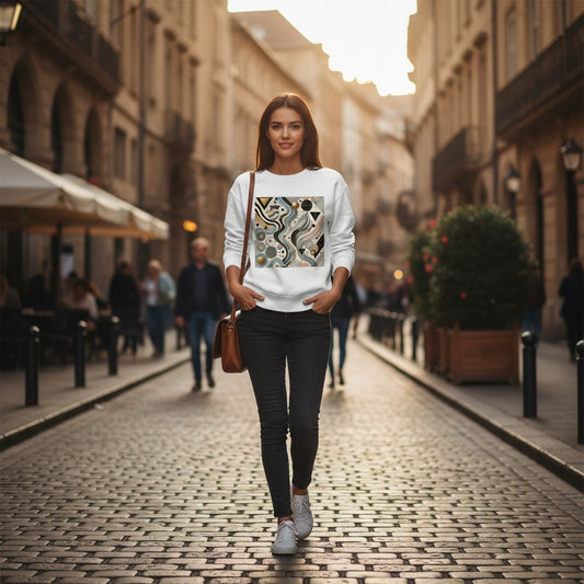 Good Wishes 365 white organic cotton unisex sweatshirt with abstract geometric print in blue, gold, and pink.