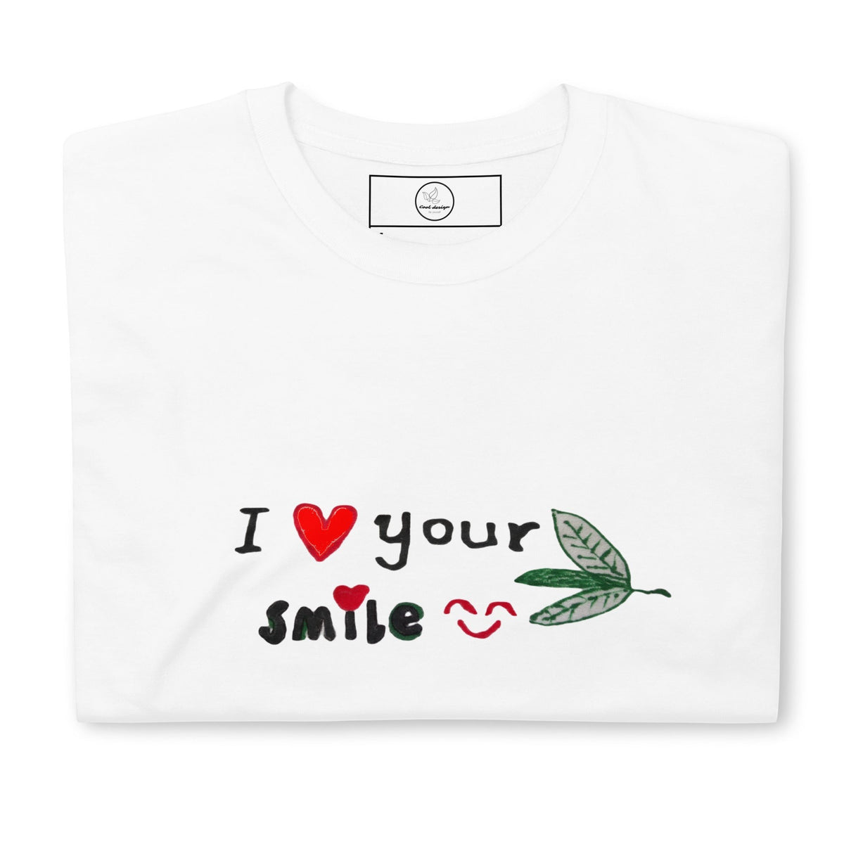 Good Wishes 365 white unisex crewneck t-shirt featuring an I Love Your Smile graphic with a red heart and leaf design.