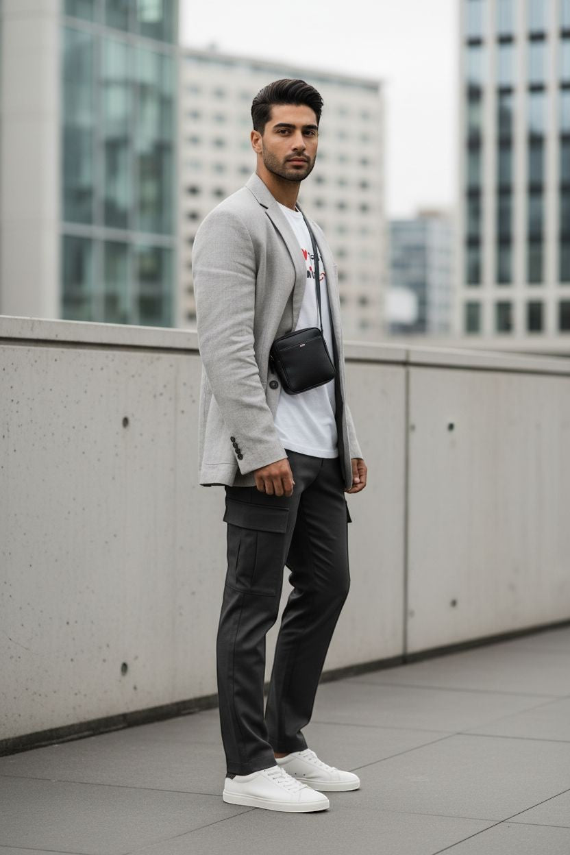 Good Wishes 365 white graphic crewneck t-shirt worn by a man in a grey blazer and dark trousers on a city terrace.