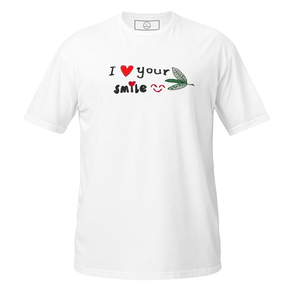 Good Wishes 365 white unisex crewneck t-shirt featuring I Love Your Smile graphic with heart and leaf accents