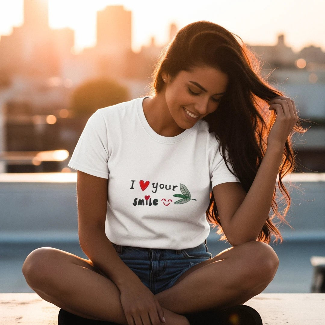 Woman wearing a Good Wishes 365 white crewneck t-shirt with I Love Your Smile graphic print at sunset