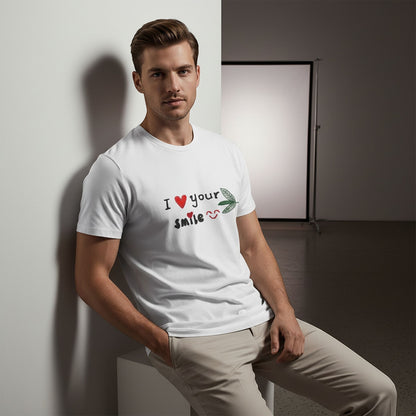 Good Wishes 365 white unisex crewneck t-shirt with I Love Your Smile graphic worn by a man sitting against a wall