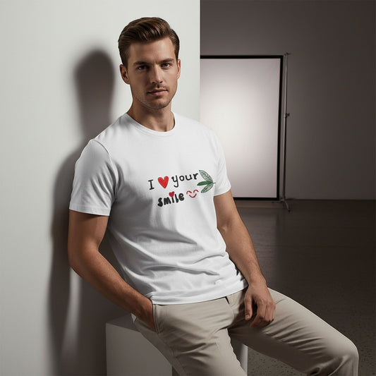 Good Wishes 365 white unisex crewneck t-shirt with I Love Your Smile graphic worn by a man sitting against a wall