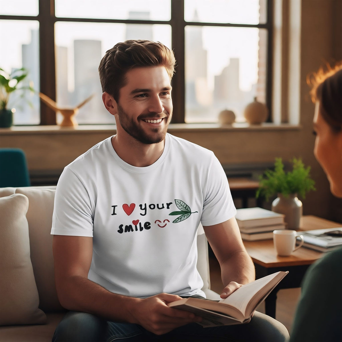 Good Wishes 365 white unisex crewneck t-shirt with I Love Your Smile graphic worn by a smiling man reading a book