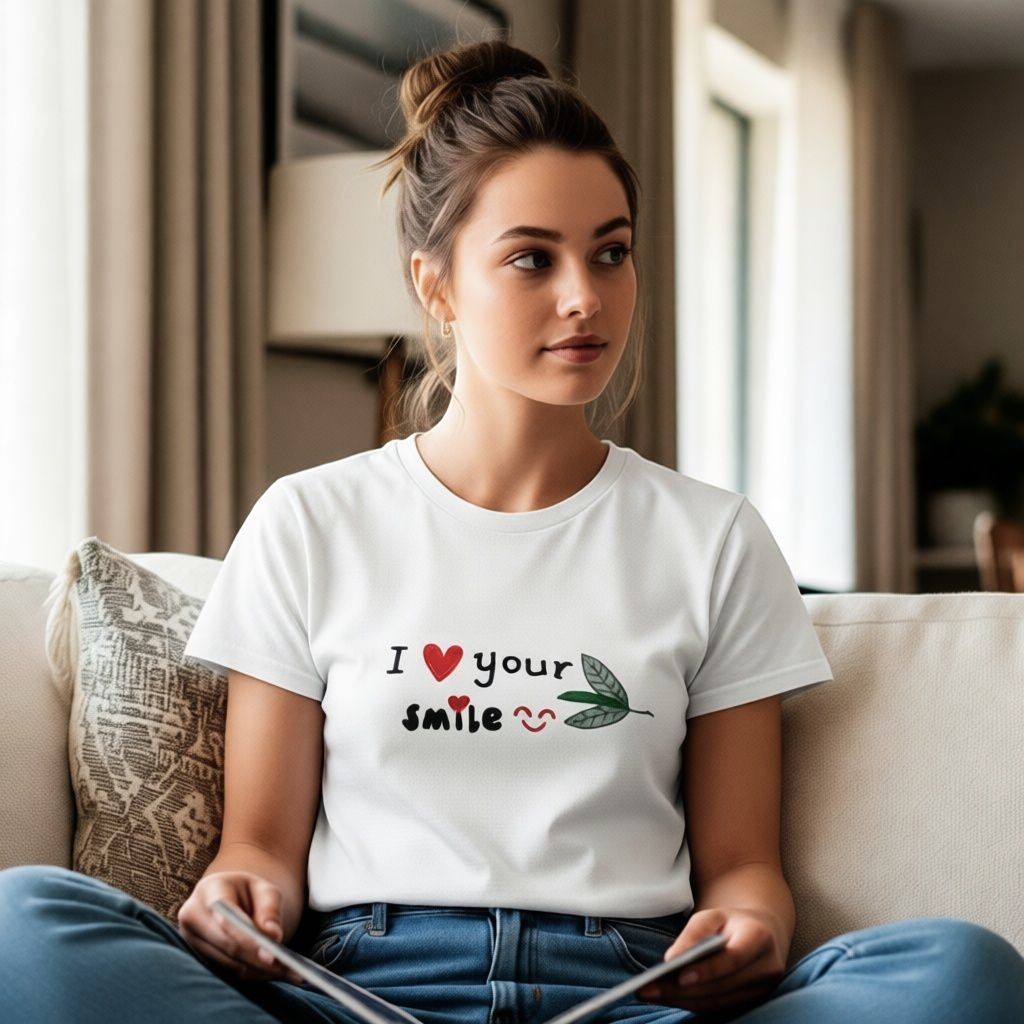 Woman wearing a Good Wishes 365 white crewneck t-shirt with I Love Your Smile graphic, heart, and leaf design.