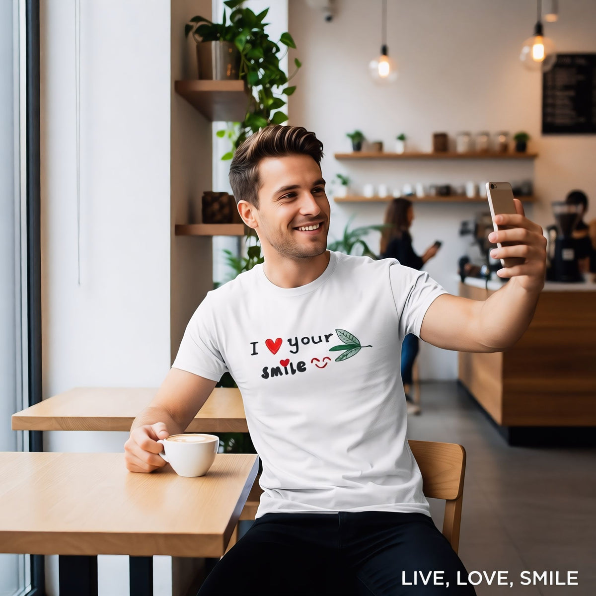 Good Wishes 365 white unisex crewneck t-shirt with I Love Your Smile graphic worn by a man taking a selfie in a cafe
