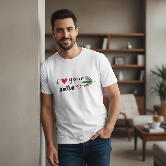 A man wearing a Good Wishes 365 white crewneck t-shirt with I Love Your Smile graphic text and heart leaf design