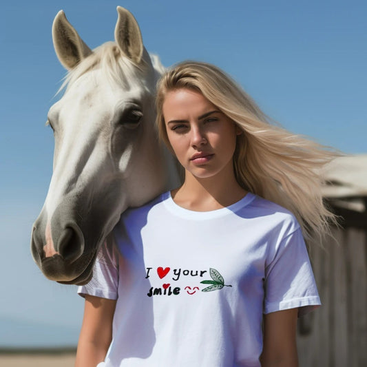 Good Wishes 365 white crewneck t-shirt with I Love Your Smile graphic, worn by a blonde woman standing by a white horse.