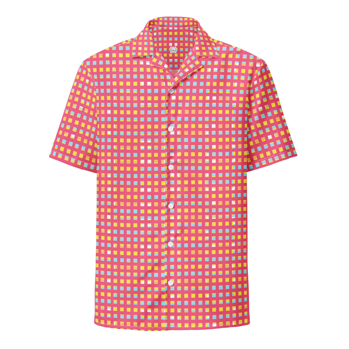 Good Wishes 365 women's pink checkered button-down shirt with short sleeves and UPF 50+ sun protection.