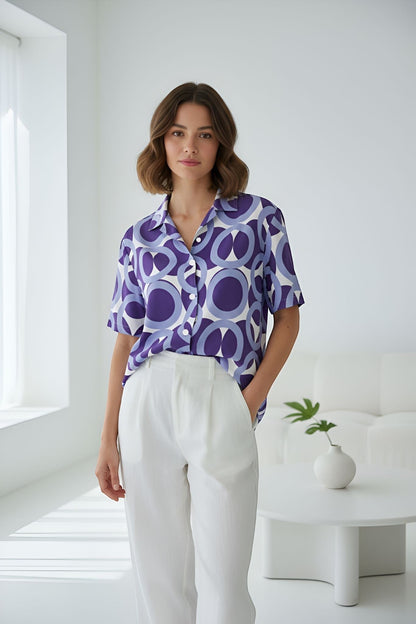 Good Wishes 365 unisex button shirt in purple and white retro geometric print with UPF50+ sun protection