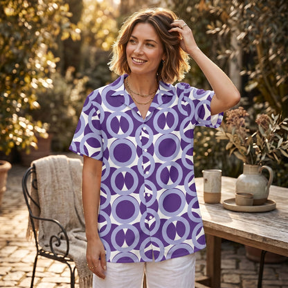 Good Wishes 365 unisex button shirt in purple retro geometric print with UPF50+ sun protection worn outdoors