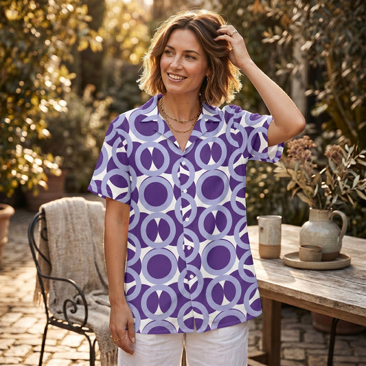 Good Wishes 365 unisex button shirt in purple retro geometric print with UPF50+ sun protection worn outdoors