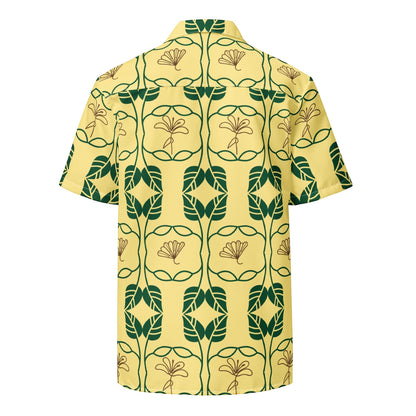 Good Wishes 365 yellow short sleeve button down shirt with green and gold botanical geometric print and UPF 50+ rating