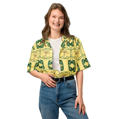Good Wishes 365 yellow botanical geo print short sleeve button down shirt with UPF 50+ sun protection on a smiling model