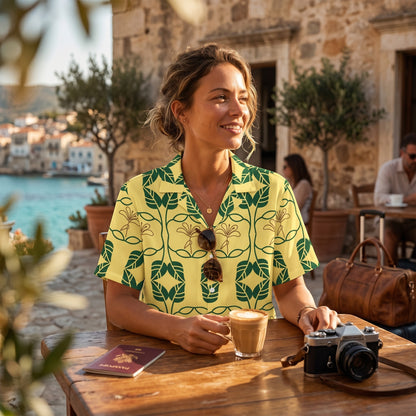 Good Wishes 365 yellow short sleeve button down shirt with green botanical geometric print and UPF 50+ sun protection