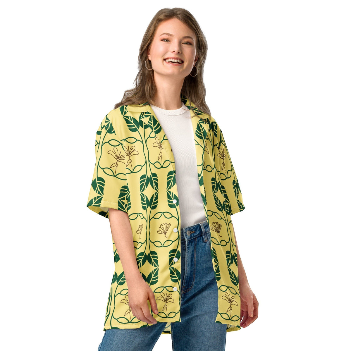 Good Wishes 365 yellow botanical geo print short sleeve button down shirt with UPF 50+ sun protection on a woman