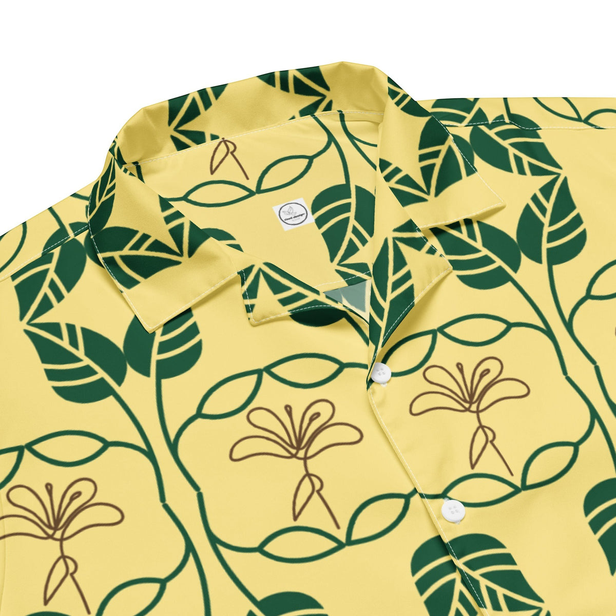 Good Wishes 365 yellow short sleeve button down shirt with green and gold botanical geometric floral print