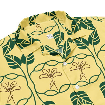 Good Wishes 365 yellow short sleeve button down shirt with green and gold botanical geometric floral print