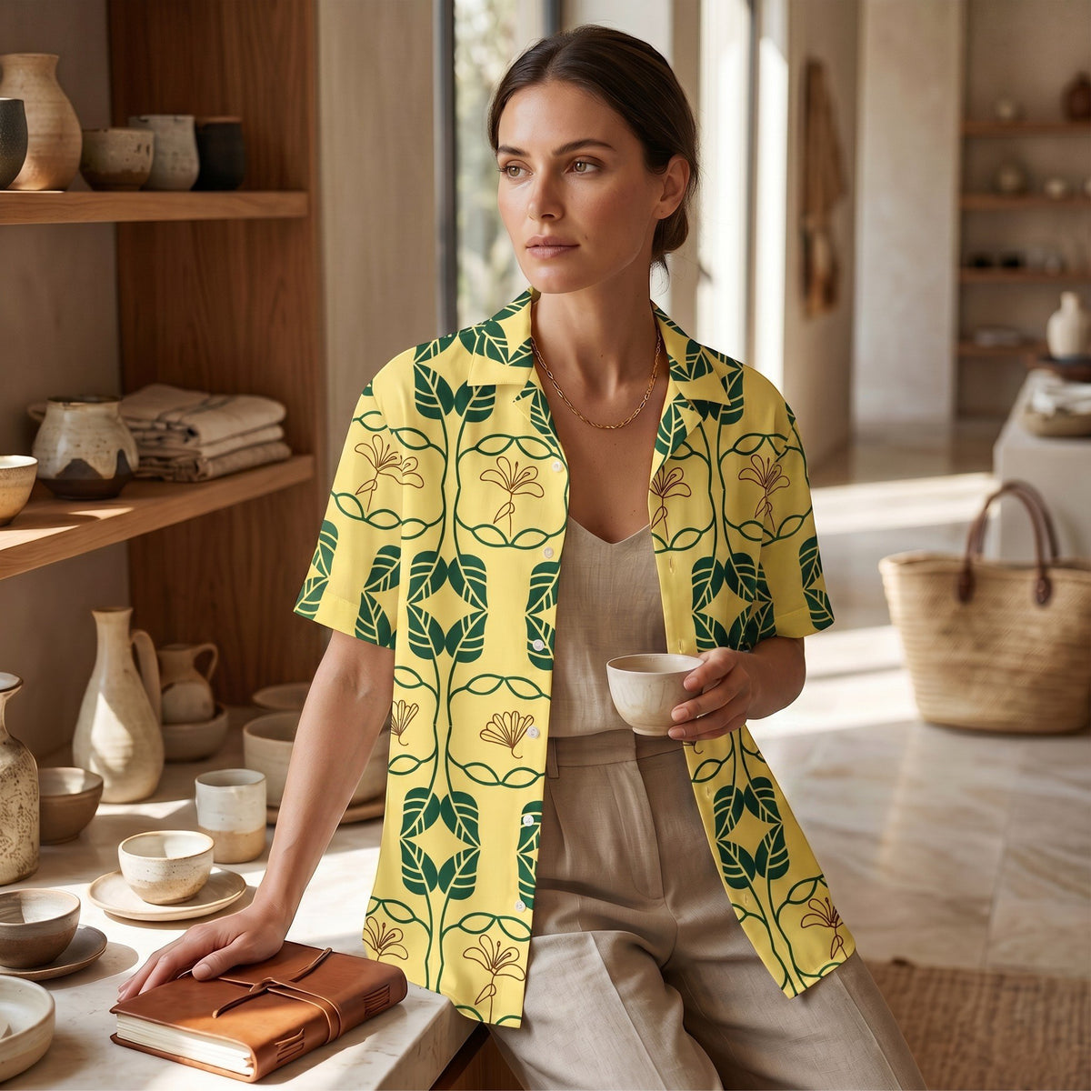 Good Wishes 365 unisex oversized button shirt in yellow with green botanical print, made of moisture-wicking fabric.