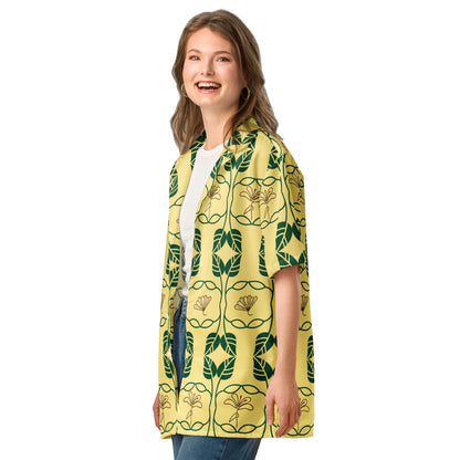 Good Wishes 365 yellow botanical geo print short sleeve button down shirt with UPF 50+ sun protection on a model