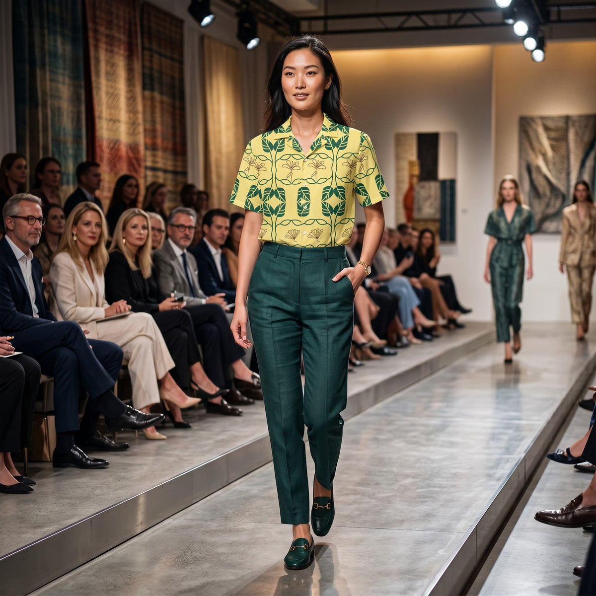 Good Wishes 365 yellow botanical geo print short sleeve button down shirt worn by a model on a runway.