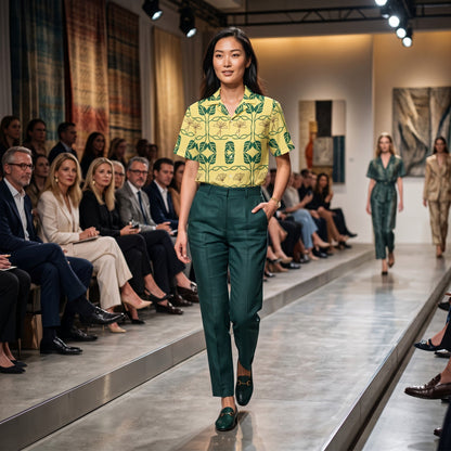 Good Wishes 365 yellow botanical geo print short sleeve button down shirt worn by a model on a runway.