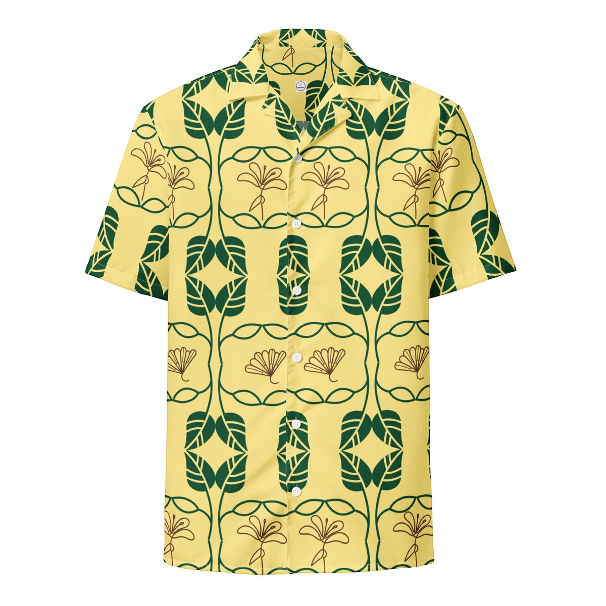 Good Wishes 365 yellow short sleeve button down shirt with green and gold botanical geometric print and UPF 50+