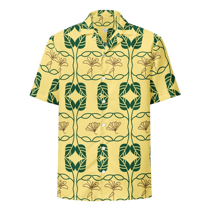 Good Wishes 365 yellow short sleeve button down shirt with green and gold botanical geometric print and UPF 50+