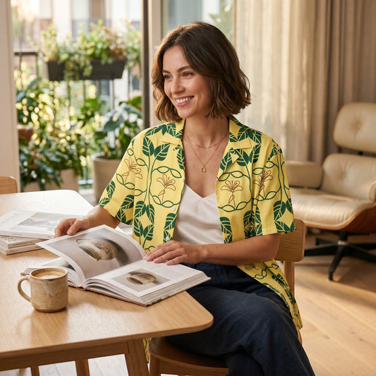 Good Wishes 365 yellow botanical geo print short sleeve button down shirt with UPF 50+ protection worn by a woman