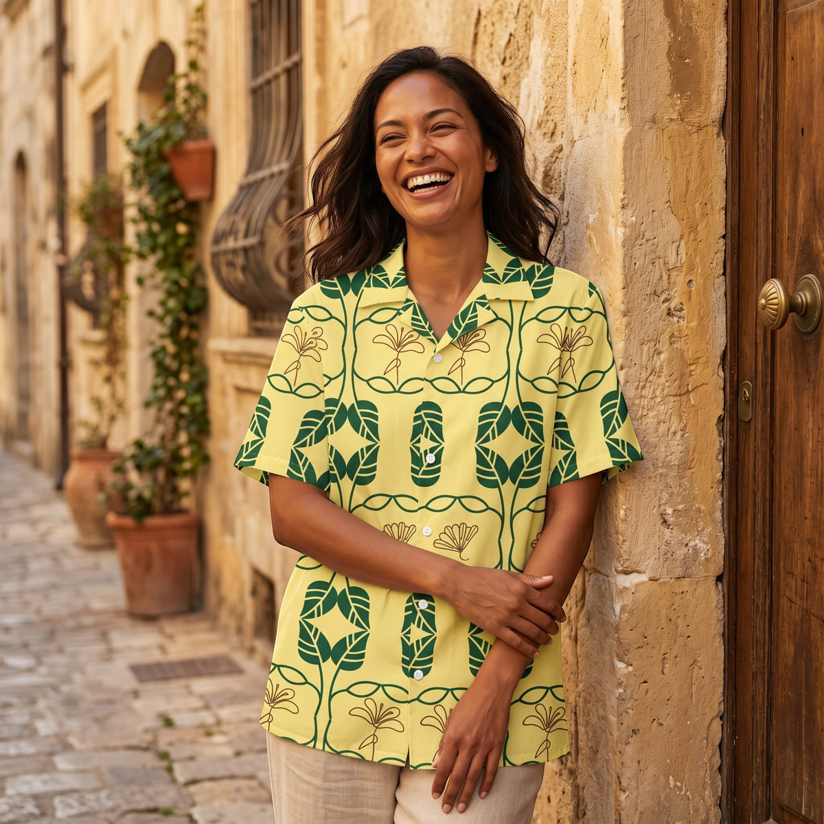 Good Wishes 365 yellow short sleeve button down shirt with green botanical geometric print and UPF 50+ protection