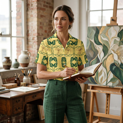 Good Wishes 365 yellow botanical geo print short sleeve button down shirt worn by a woman in an art studio