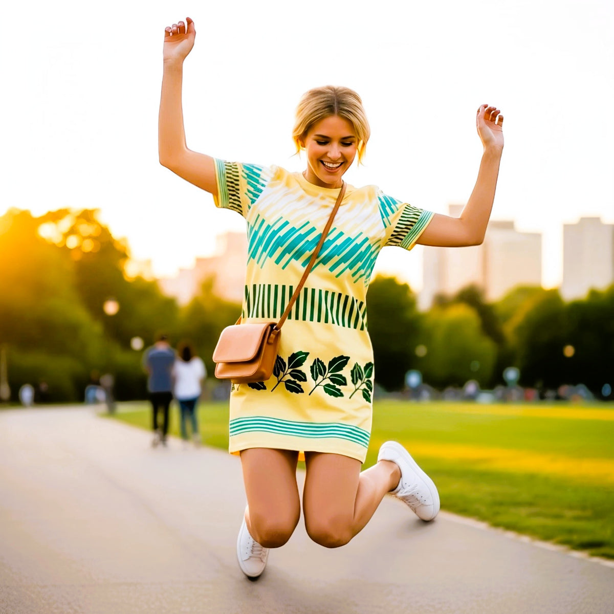 Good Wishes 365 yellow t-shirt dress with green geo and leaf print, oversize fit, worn by a woman jumping in a park.