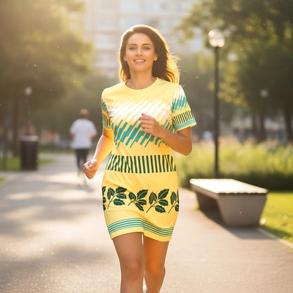 Good Wishes 365 yellow t-shirt dress with green geo and leaf print, oversize fit, worn by a woman running in a park.
