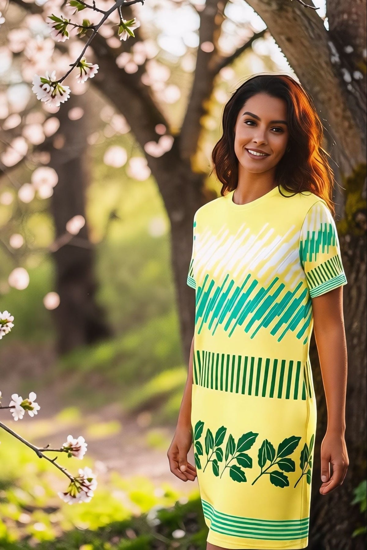 Good Wishes 365 yellow t-shirt dress with geometric and leaf print, short sleeves, relaxed fit.