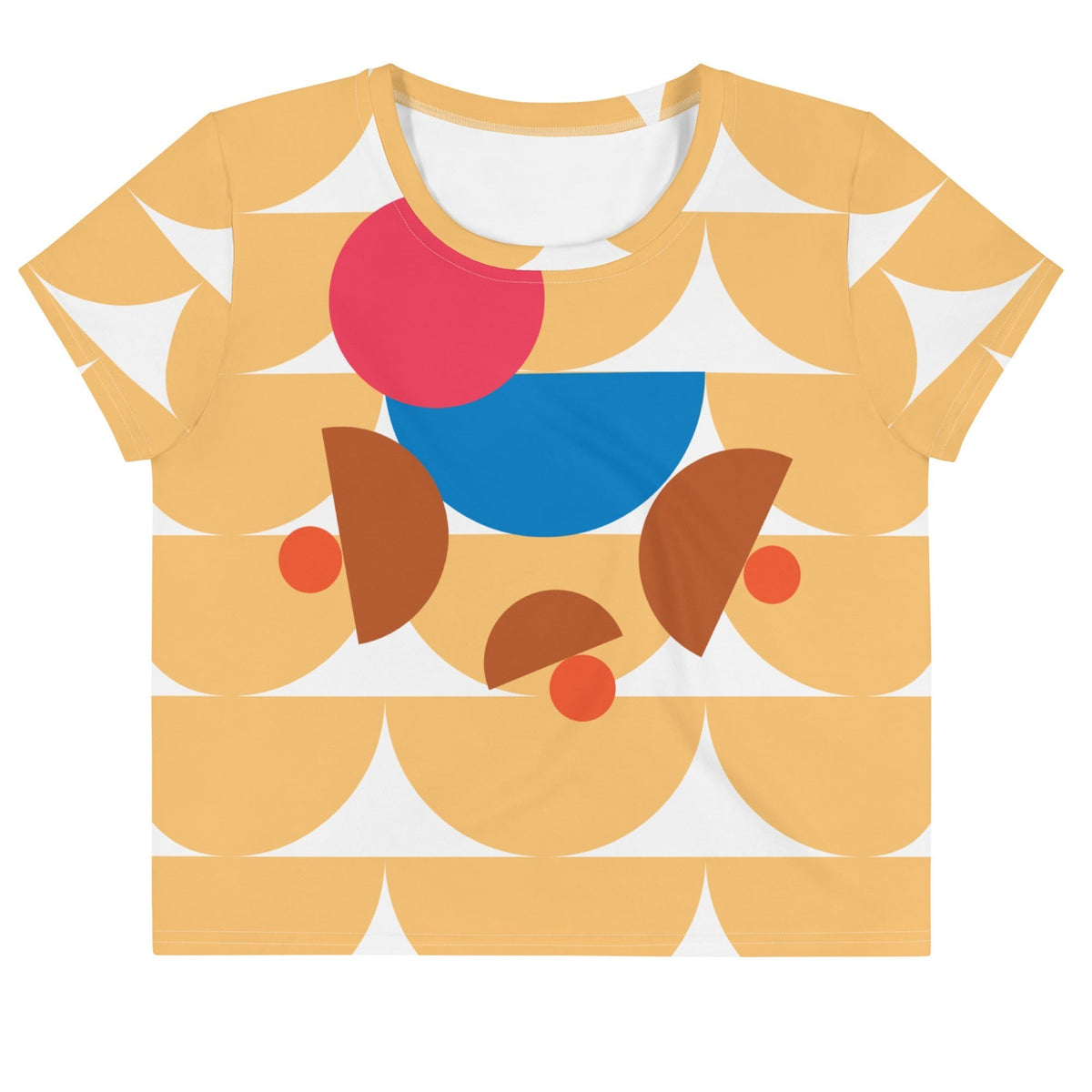 Good Wishes 365 yellow crop tee featuring a geometric mushroom-inspired abstract pattern in blue, red, and terracotta.